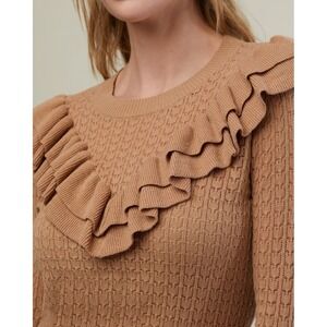 Rachel Parcell Pointelle Ruffle Sweater Womens Small Feminine Cottagecore Brown